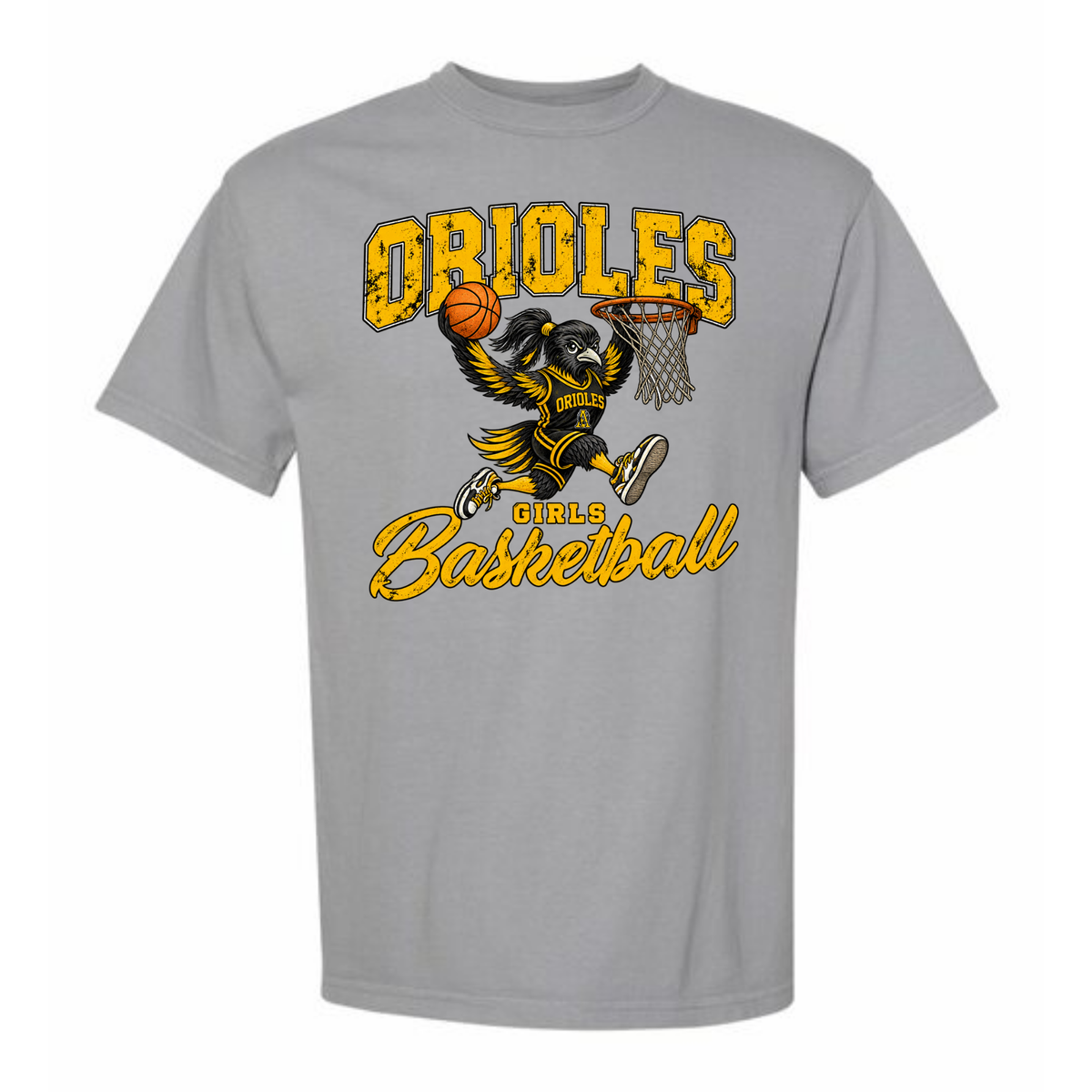 Oriole Girls Basketball Grunge Bird Adult Tee